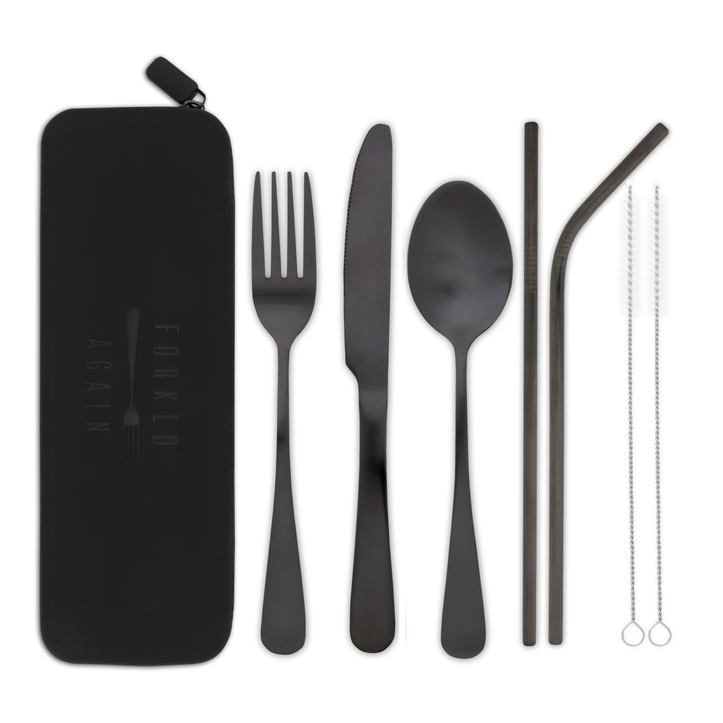 Traditional+Silicone Pouch Travel Cutlery Set (Satin Black)