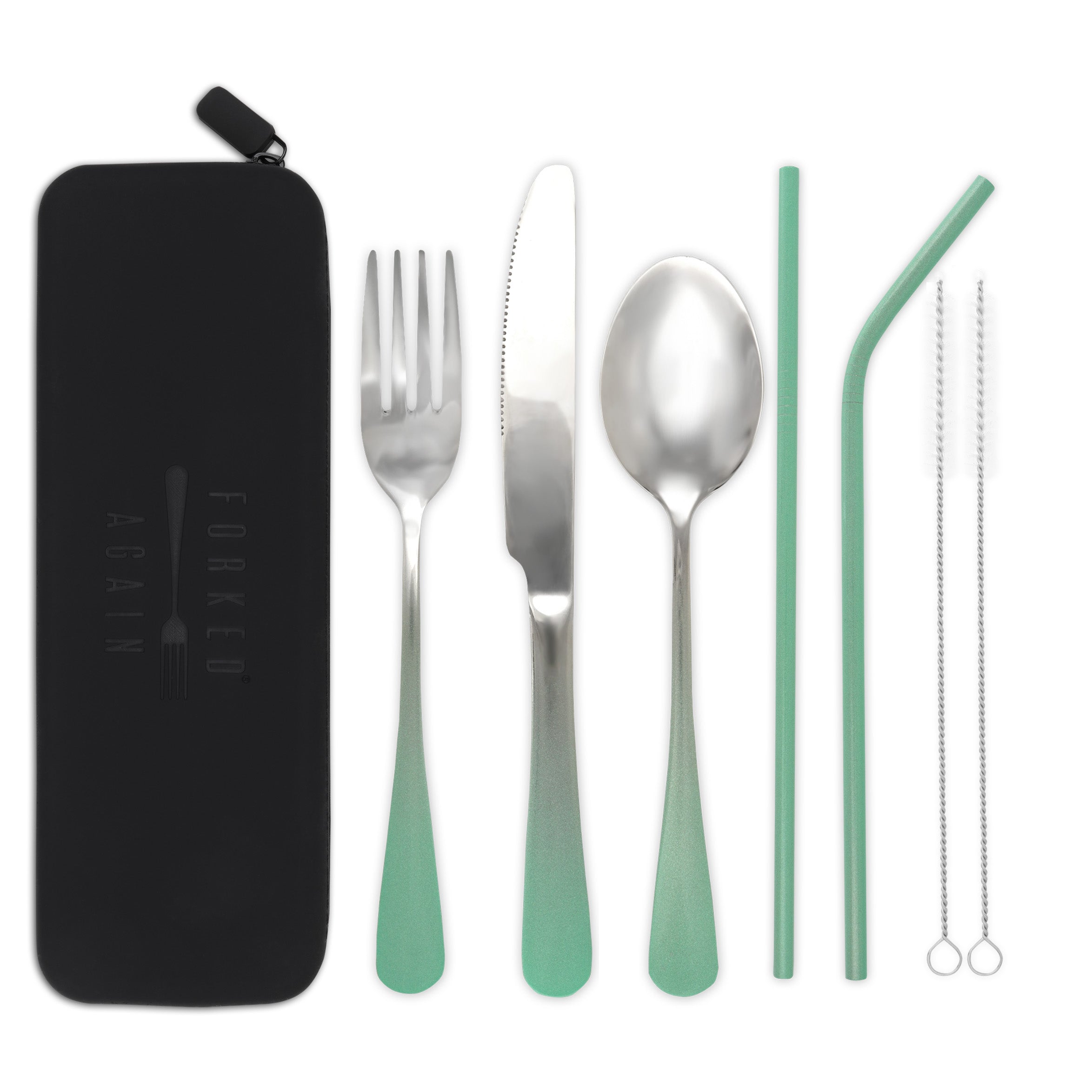 Traditional+Silicone Pouch Travel Cutlery Set (Mint Green Ombré)