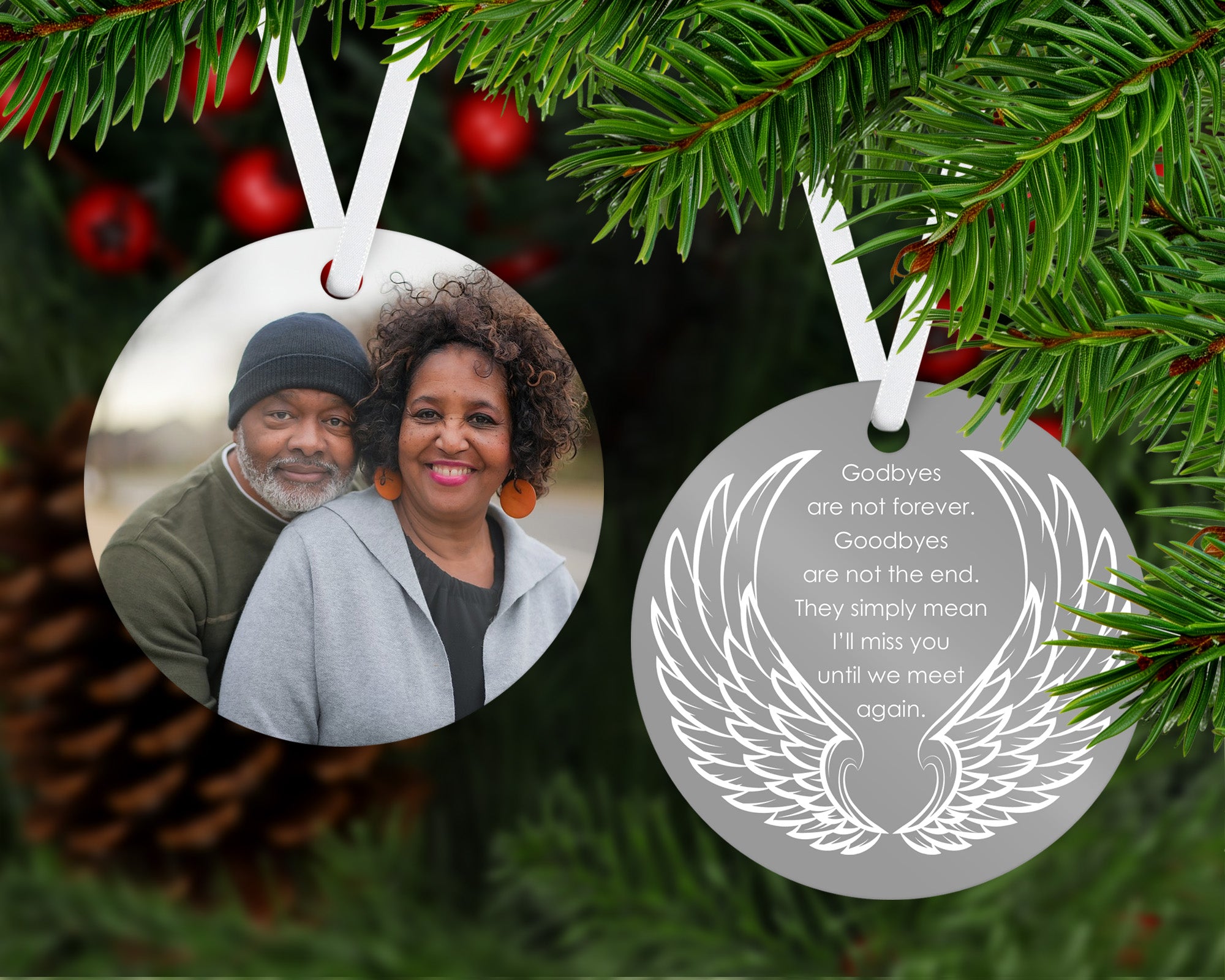 Memorial Photo Ornament with Angel Wings and Custom Text